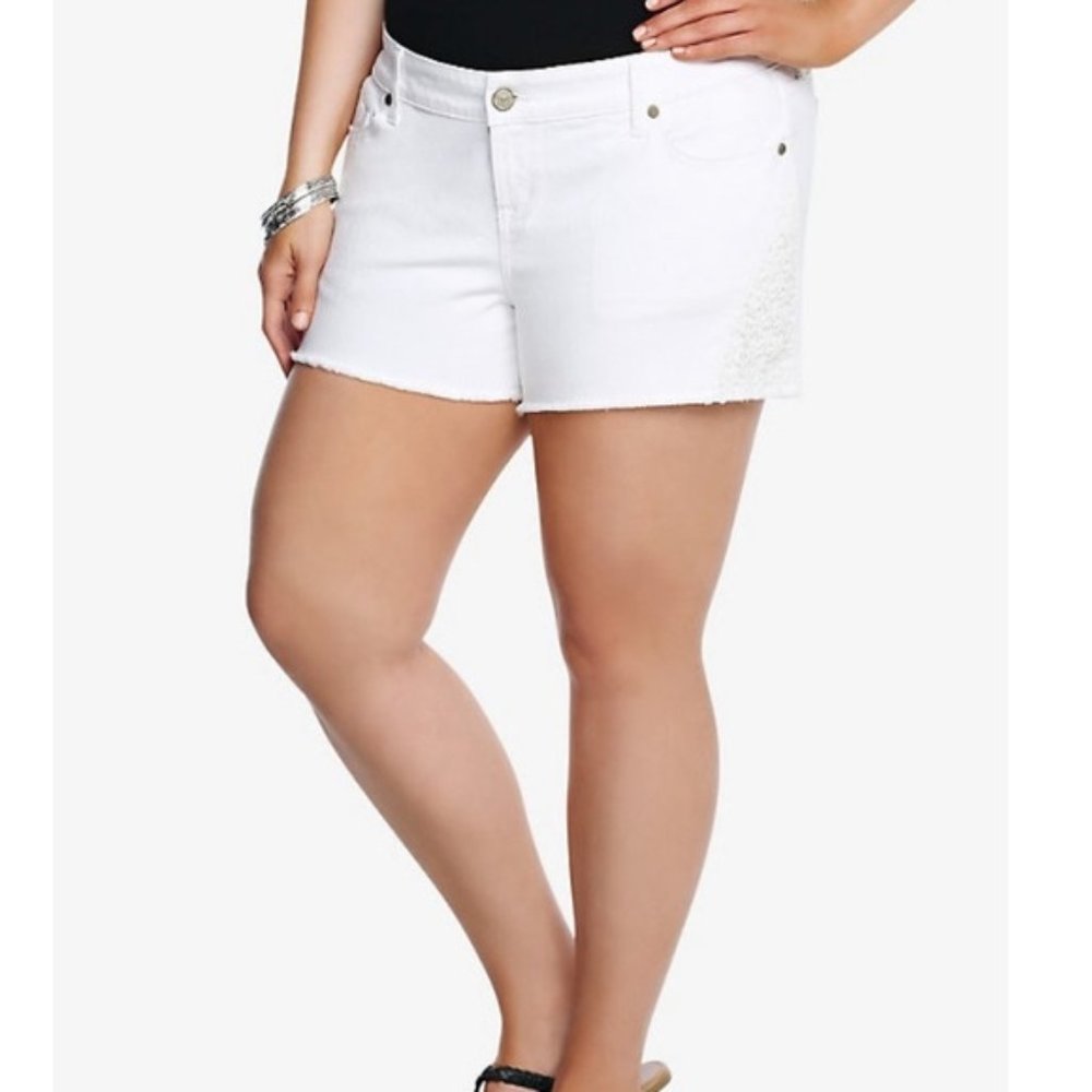 torrid white crochet lace denim shorts